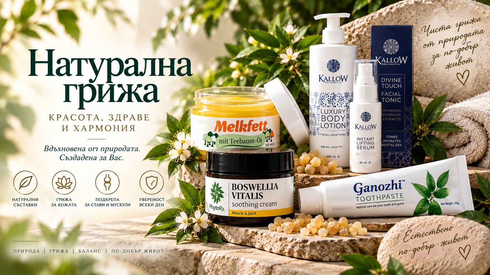 Natural skincare with selected products and botanical ingredients.