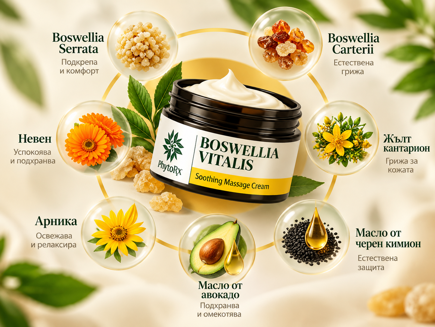 Boswellia Vitalis – формула с два вида тамян, Boswellia Serrata и Boswellia Carterii, арника, невен, жълт кантарион, масло от авокадо и масло от черен кимион